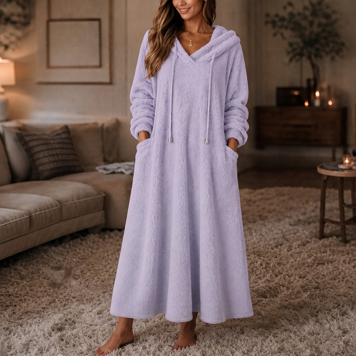 Hooded Plush A-Line Maxi Lounge Dress