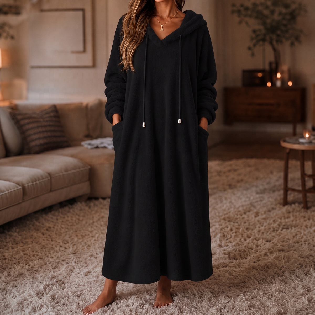Hooded Plush A-Line Maxi Lounge Dress