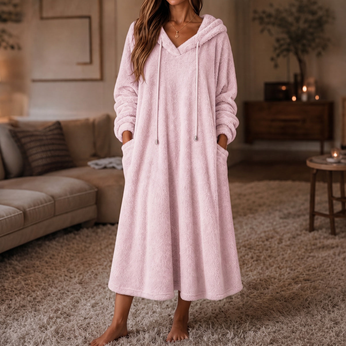 Hooded Plush A-Line Maxi Lounge Dress