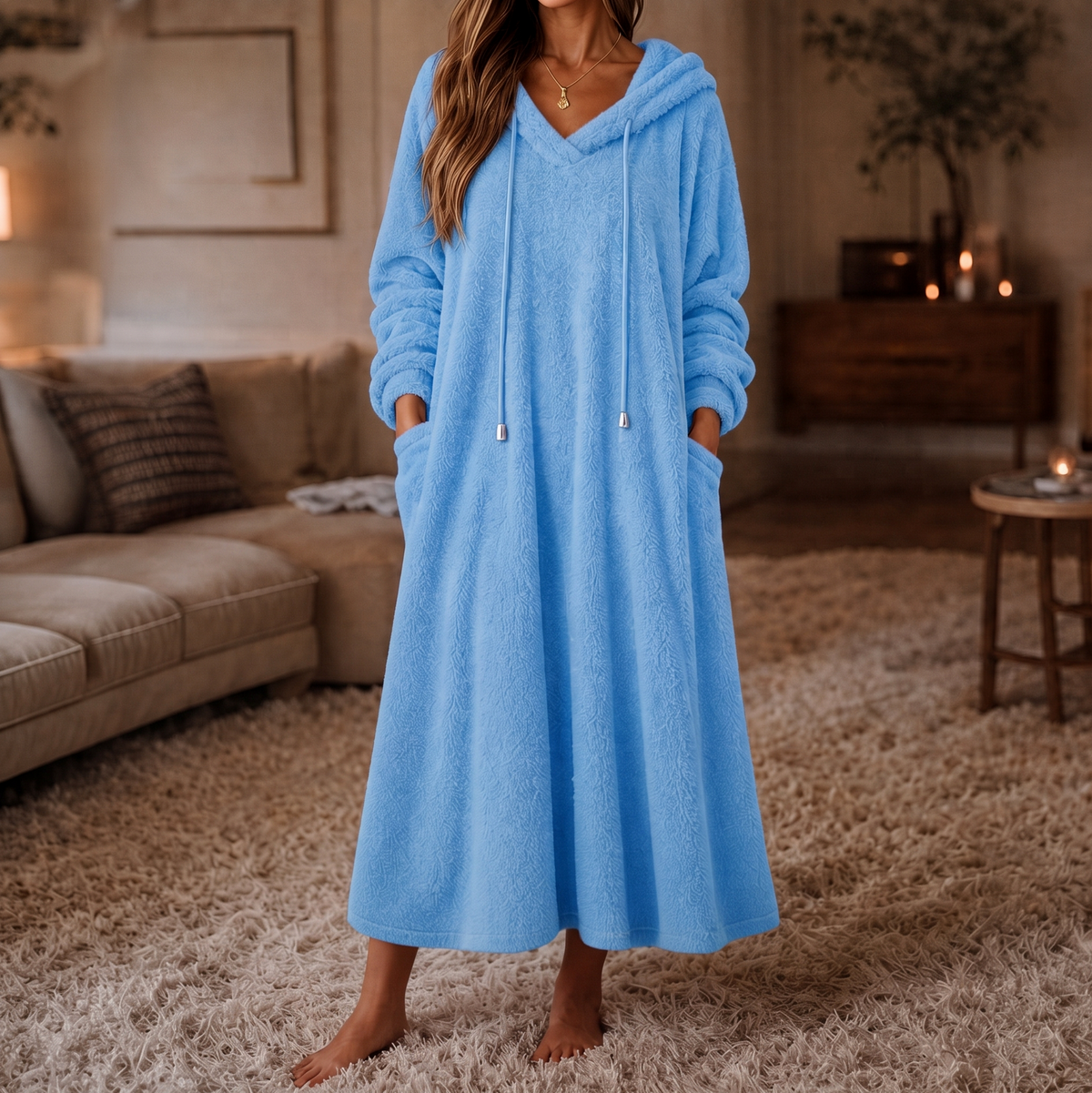 Hooded Plush A-Line Maxi Lounge Dress