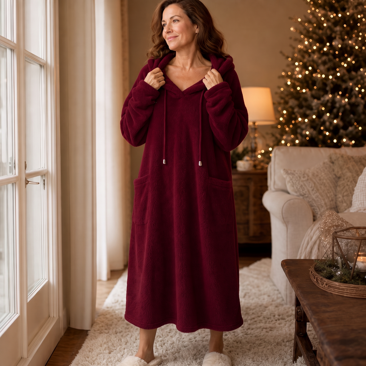 Hooded Plush A-Line Maxi Lounge Dress